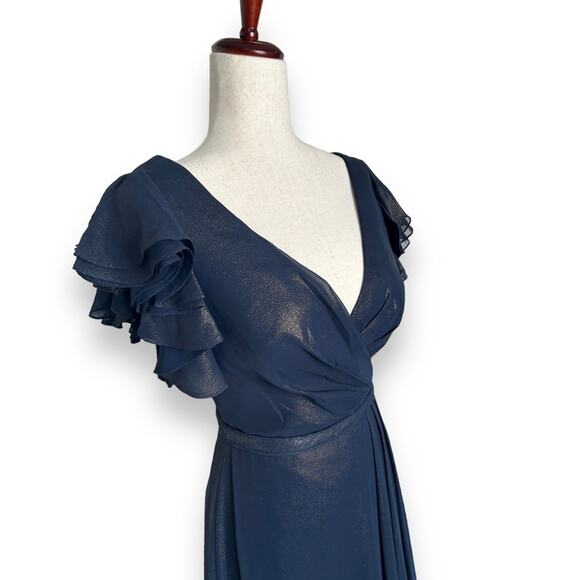 NEW Nordstrom Blue Gold Shimmer Gown Size 2 Flutter Sleeve Ruffle Metallic Dress - Picture 4 of 12